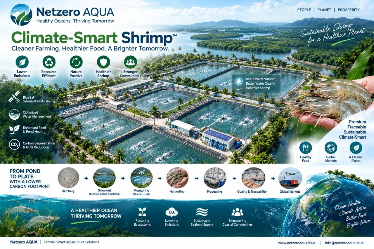 Climate-Smart Shrimp overview: aerated grow-out ponds under satellite and AI monitoring, above a pond-to-plate chain from hatchery to global markets