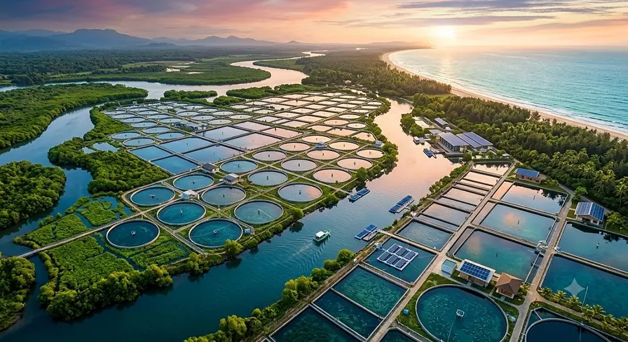 A coastal aquaculture landscape at sunset