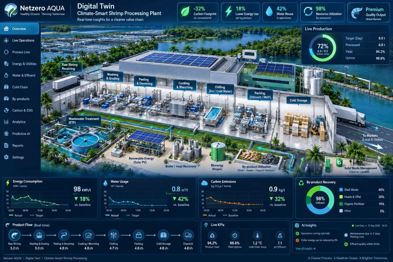 Digital twin of a climate-smart shrimp processing plant, tracking energy, water, carbon and by-product recovery from receiving through to dispatch