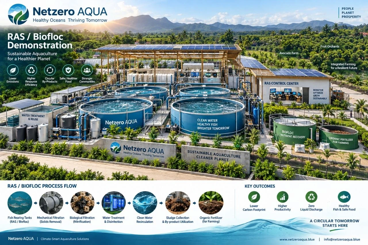 RAS and biofloc demonstration layout: covered rearing tanks under solar panels, filtration and water-reuse skid, biofloc nutrient recovery and a RAS control room