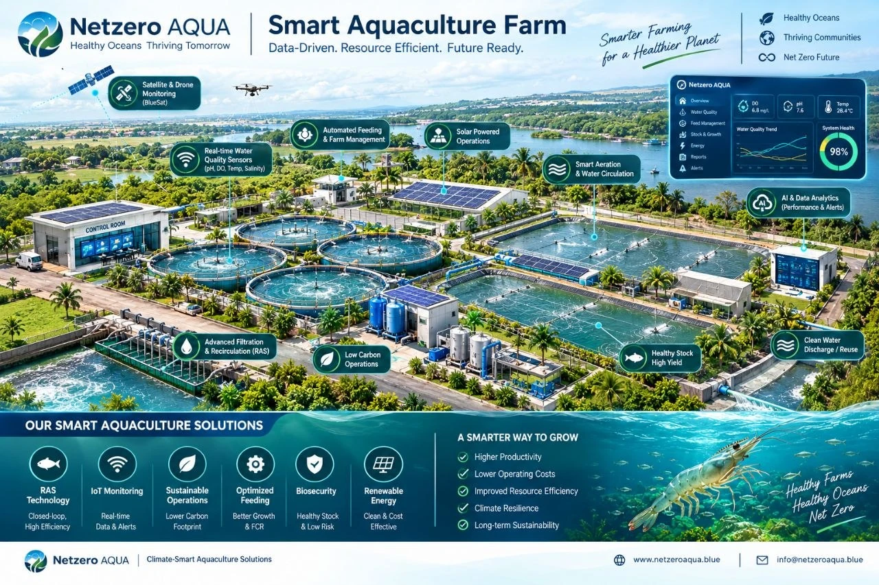 Smart aquaculture farm overview: satellite and drone monitoring, in-pond sensors, automated feeding, smart aeration, solar power and RAS filtration, reporting into one control room